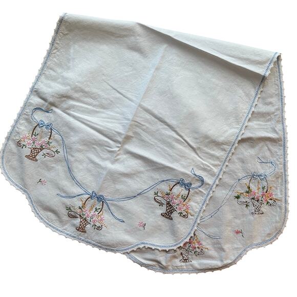 Art Deco Dresser Scarf table runner white cotton hand embroidery & crochet trim - Picture 6 of 8